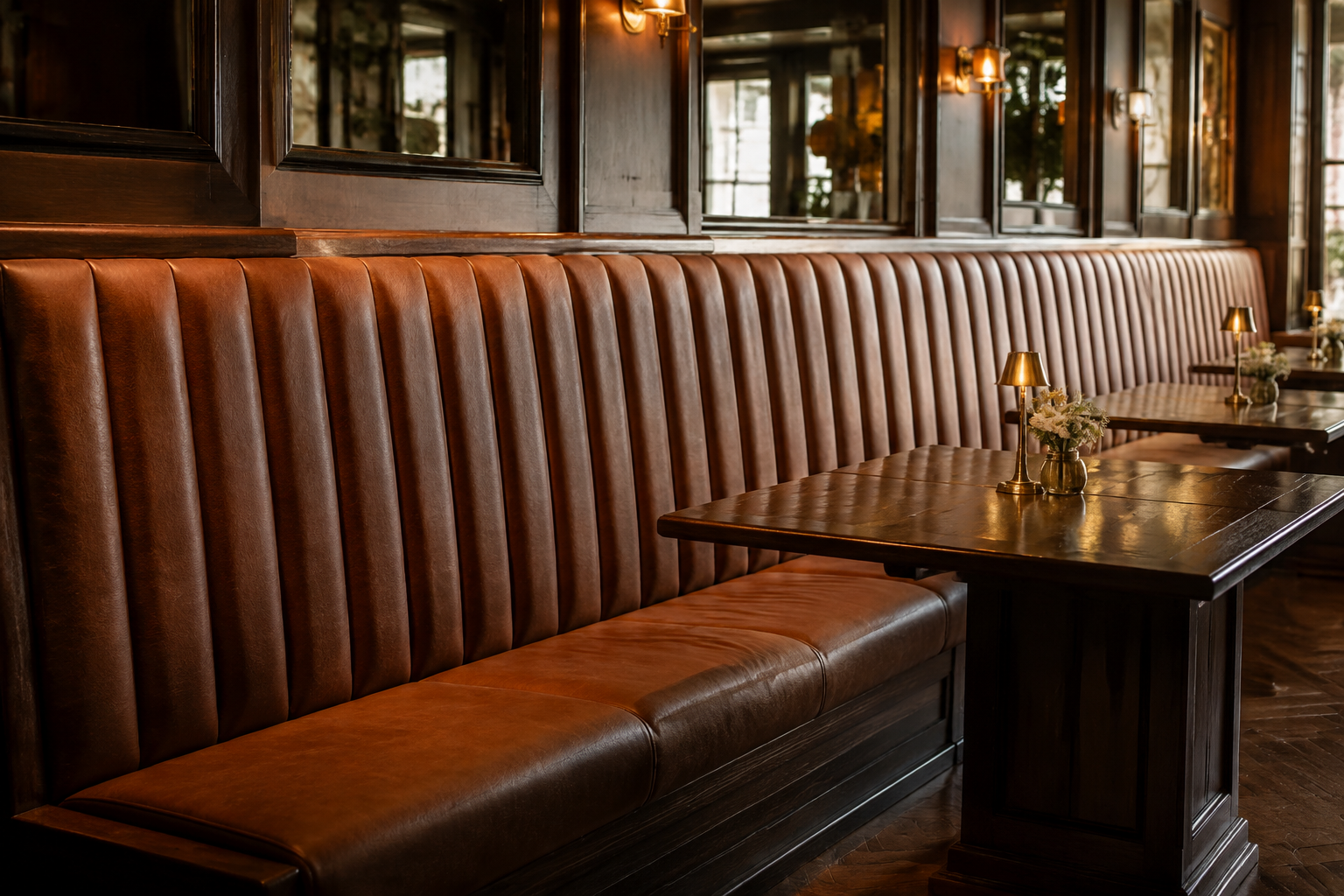Fluted-back banquette seating in a British pub