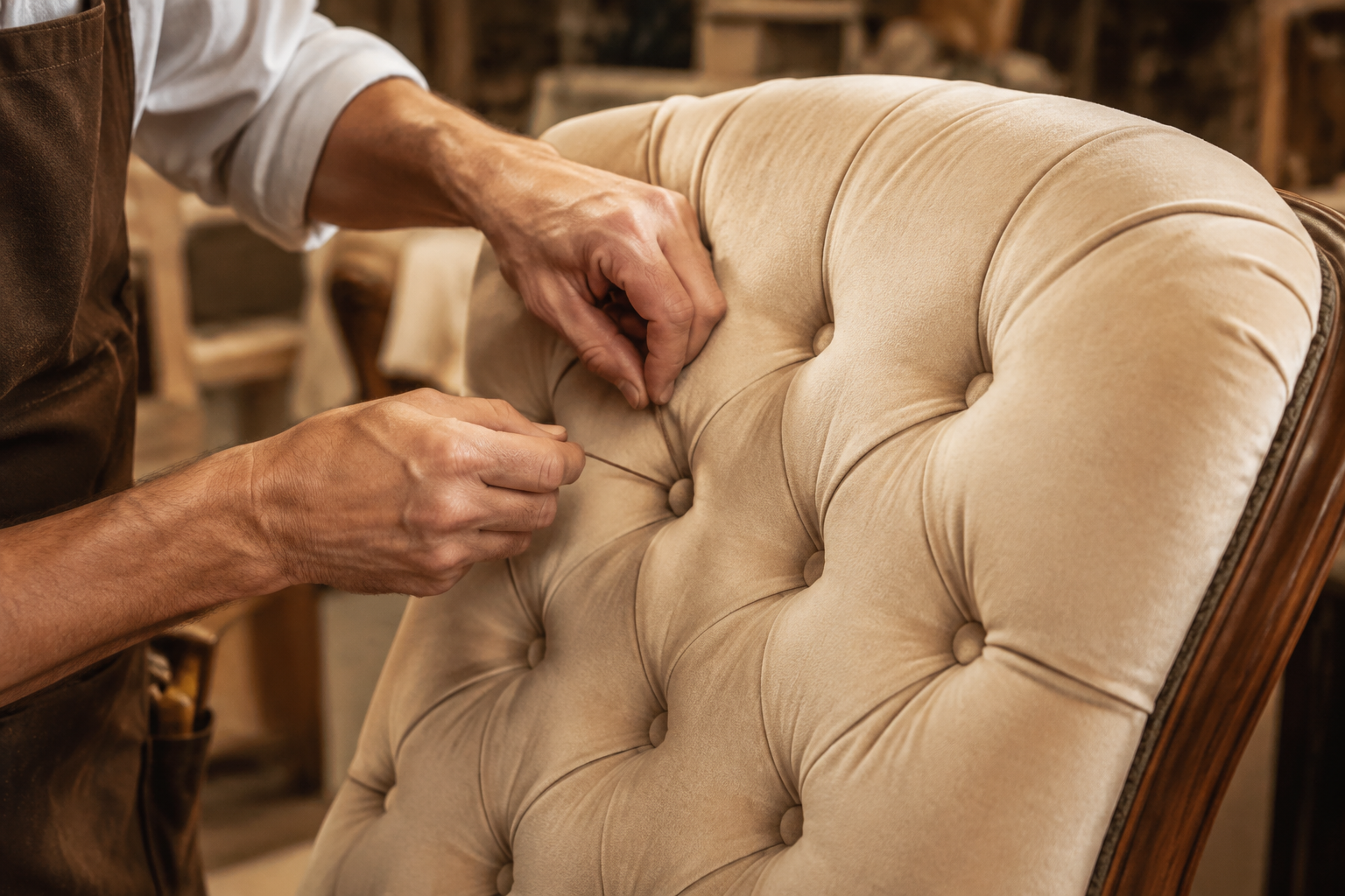 Traditional deep buttoning being created by hand