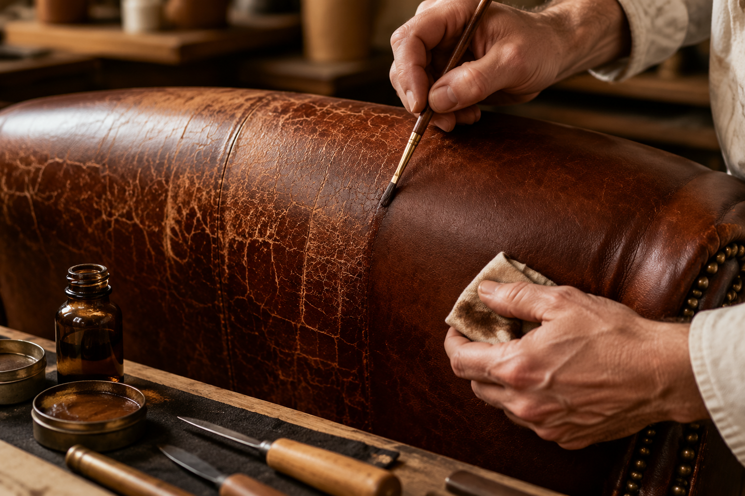 Professional repair of worn brown leather
