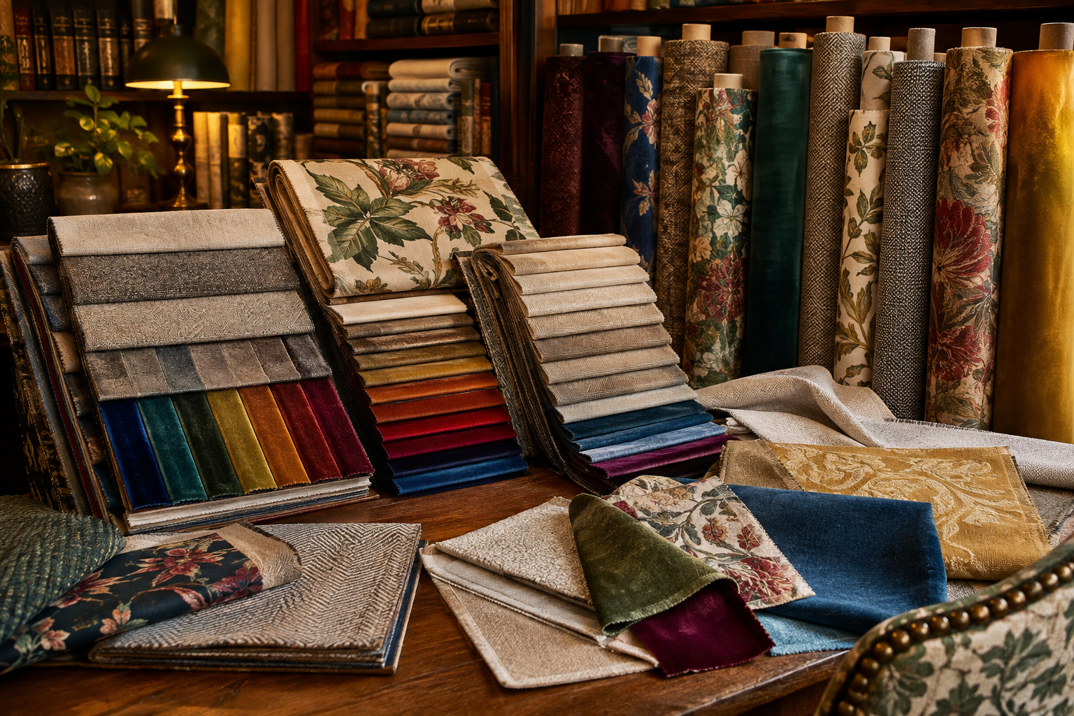 Colourful premium upholstery fabric books, swatches and rolls