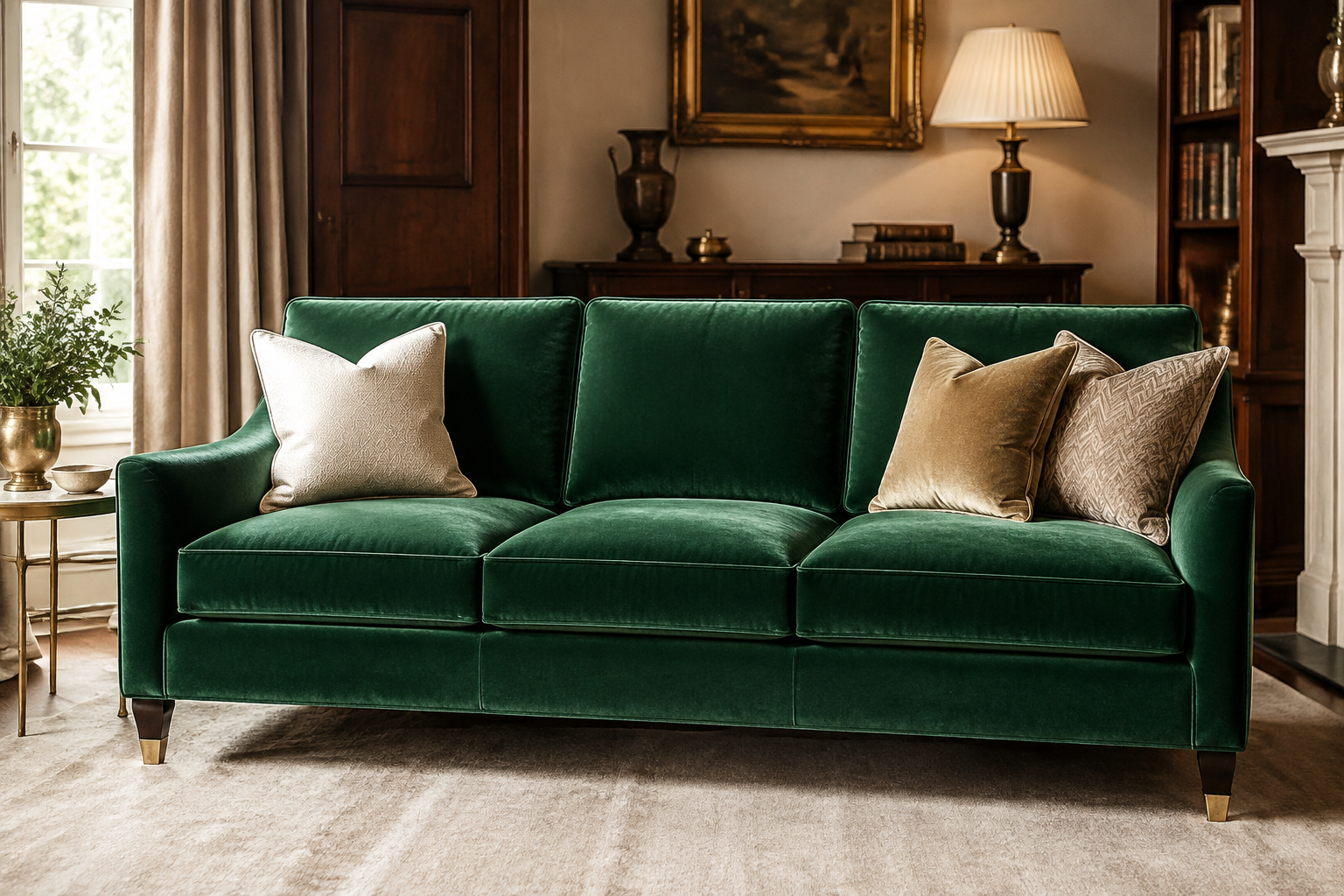 Finished modern three-seater sofa in rich emerald green upholstery