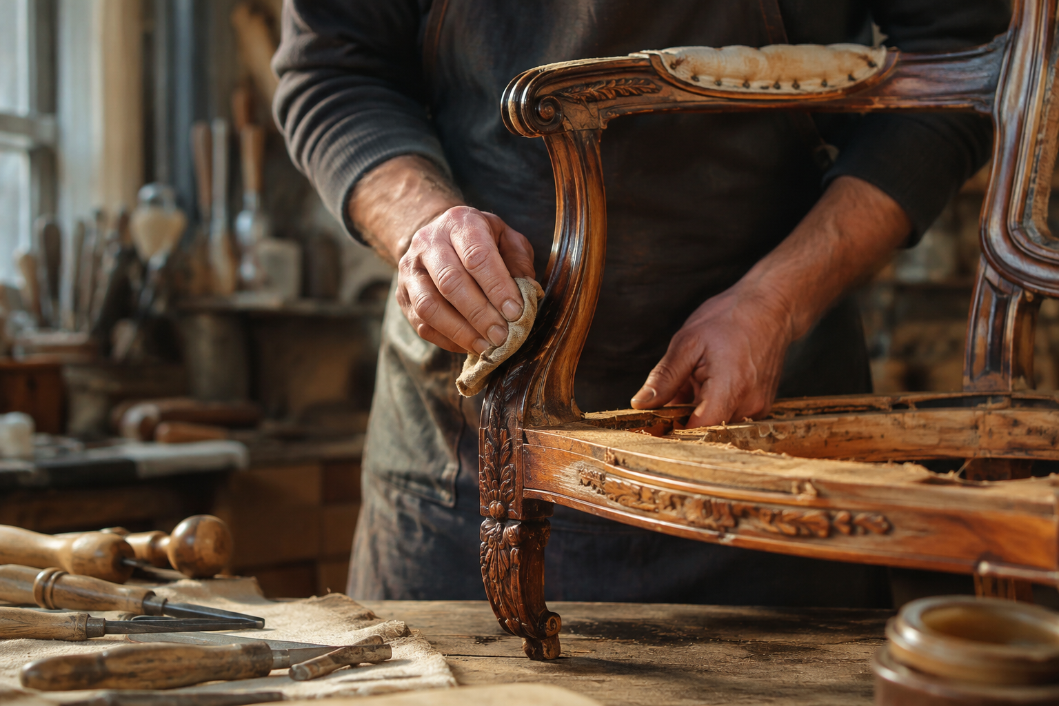 Craftsperson restoring a wooden furniture frame